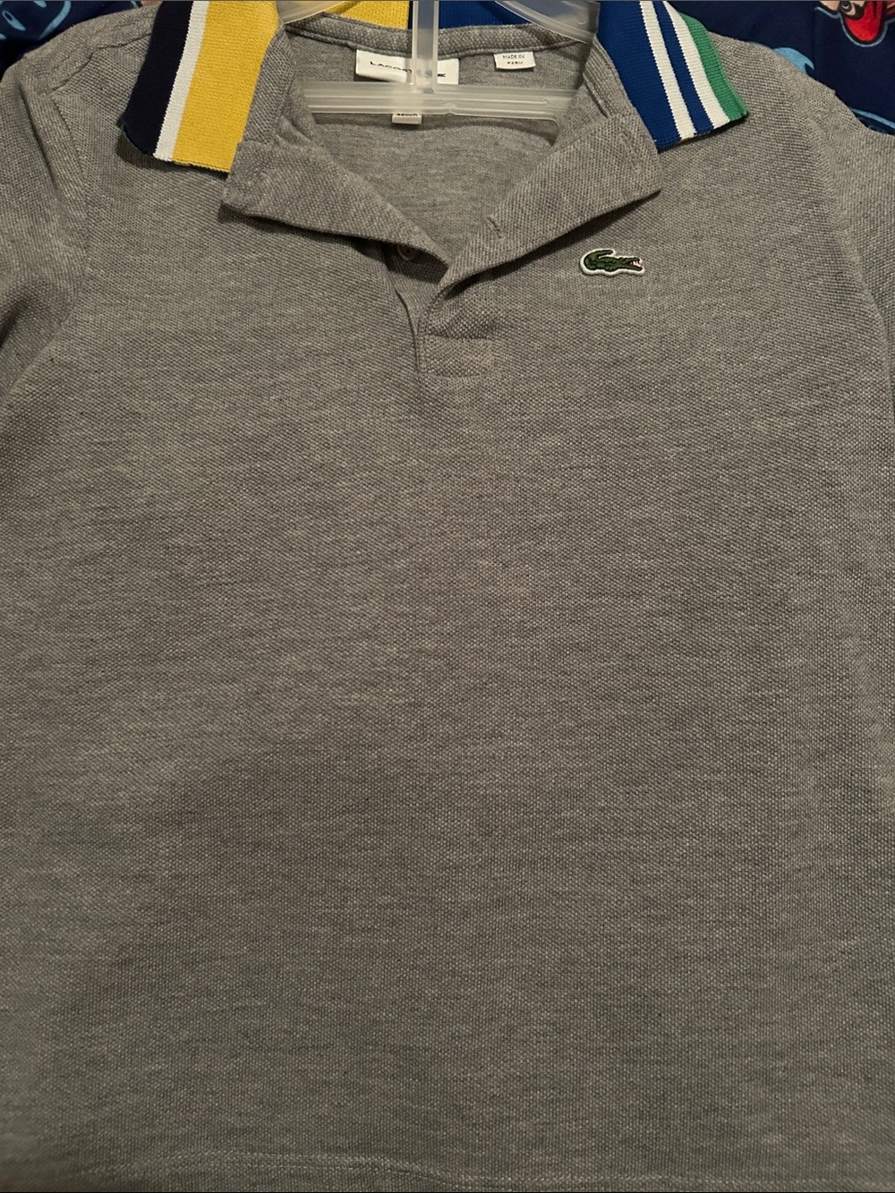 Lacoste Grey Pique Polo with Multicolor Striped Collar